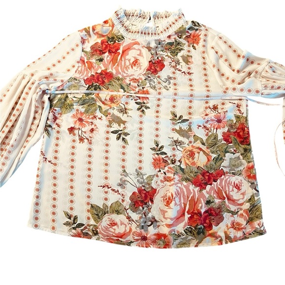 Jealous Tomato Cream Smoked/Ruffled High Neckline Long Sleeve Boho Blouse Sz Lg - Picture 7 of 11